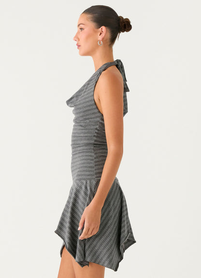 Bad Alive Halter Hanky Mini Dress - Grey Marle Stripe