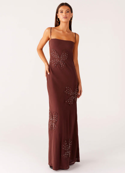 Bayla Beaded Flower Maxi Dress - Chocolate