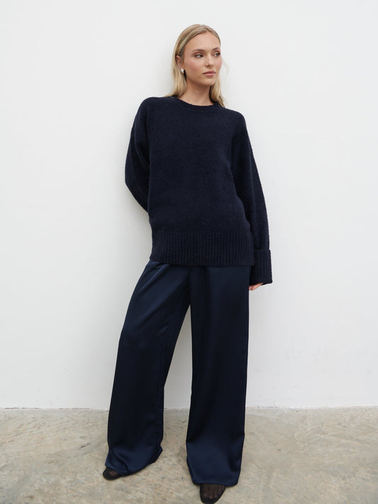Breya Satin Drawstring Trousers - Navy