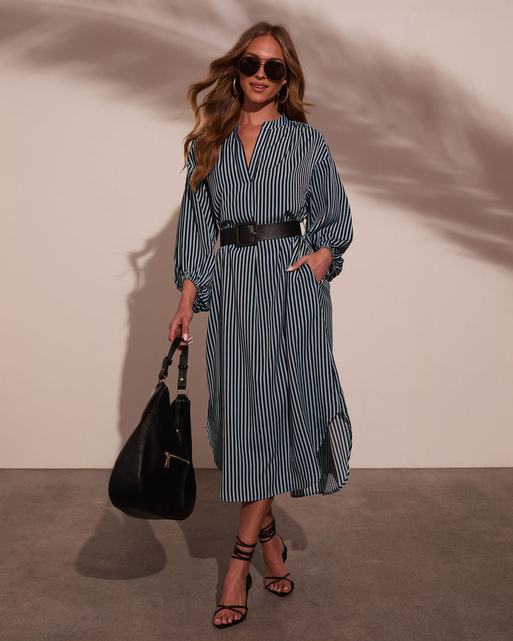 Dimarco Striped Pocketed Belted Midi Dress