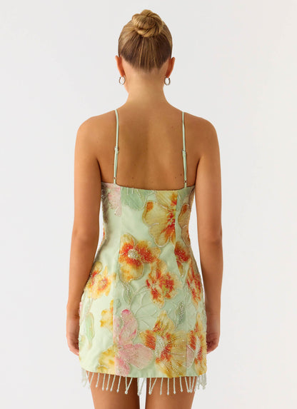 Gatiana Beaded Sequin Mini Dress - Green Floral Beaded
