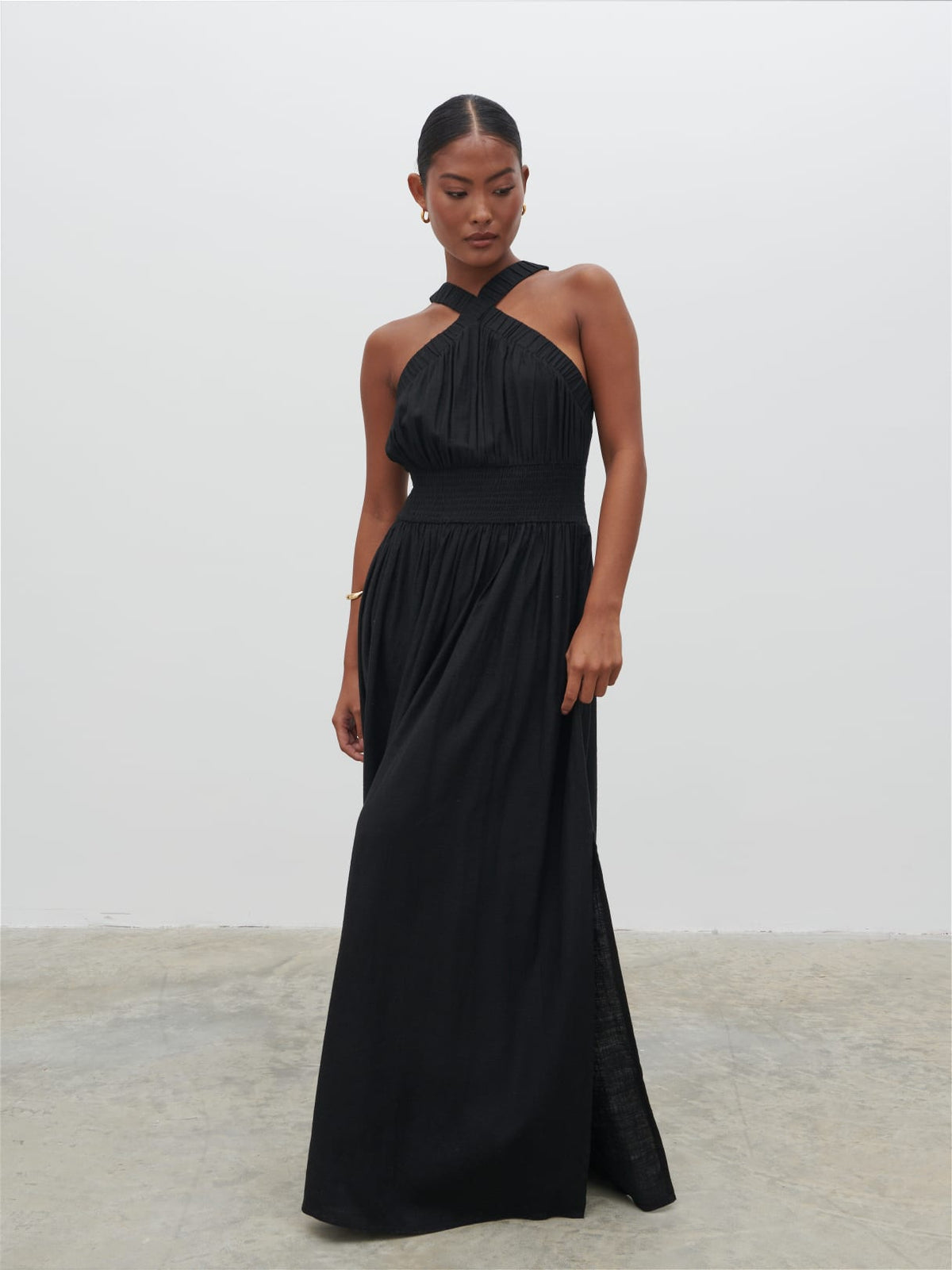 Hollie Shirred Maxi Dress - Black