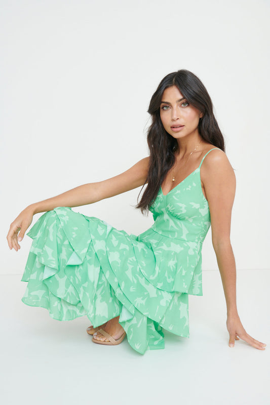 Lissy Ruffle Midaxi Dress - Green Floral