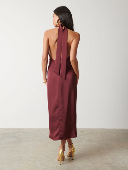 Montana Satin Knotted Midaxi Dress - Merlot