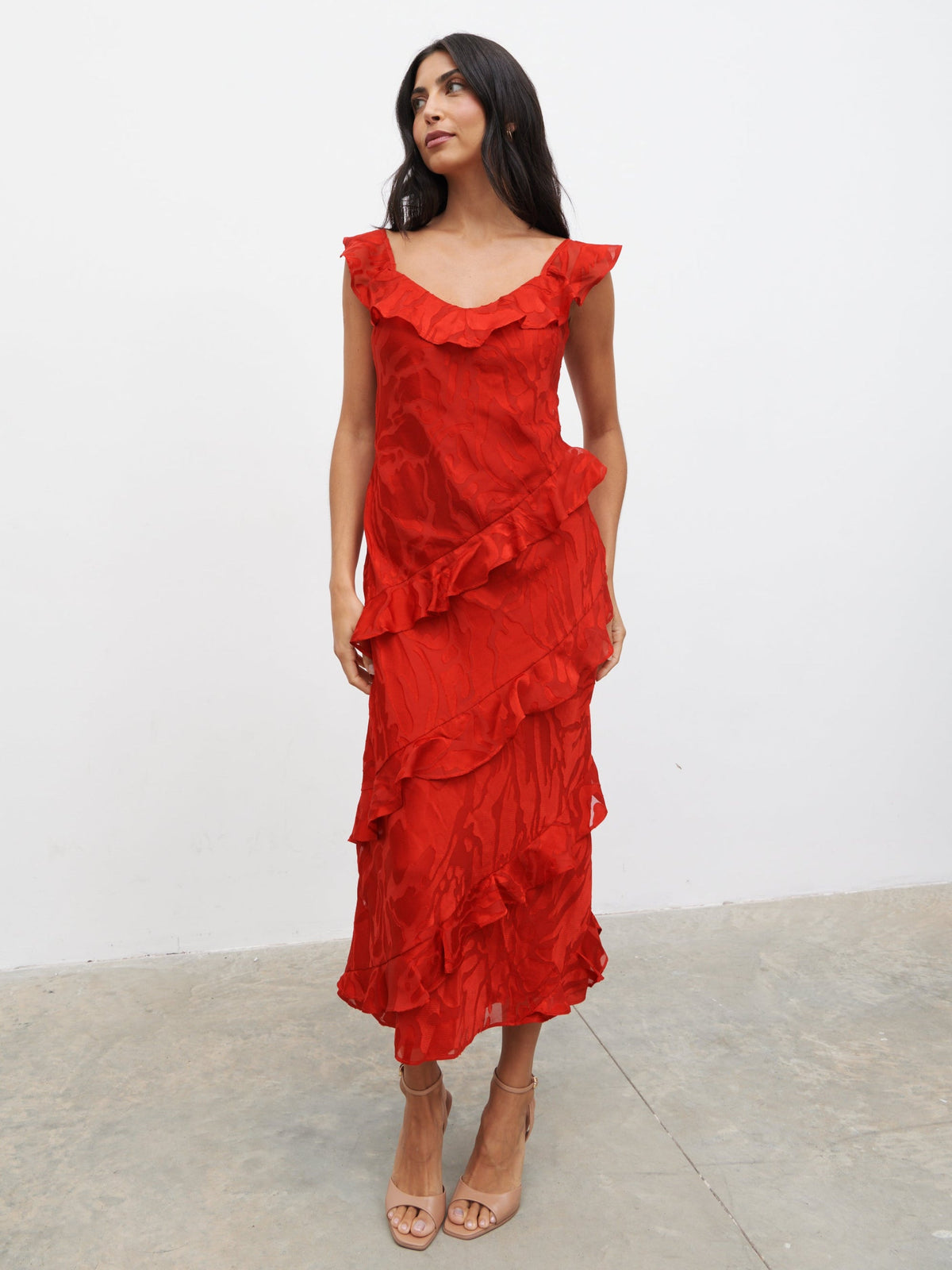 Neima Devore Frill Midaxi Dress - Red