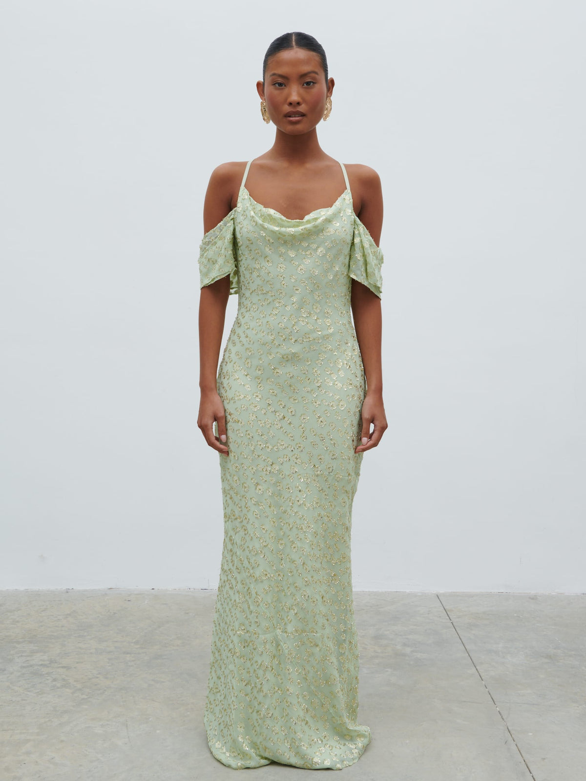 Nia Draped Cold Shoulder Maxi Dress - Pistachio Metallic
