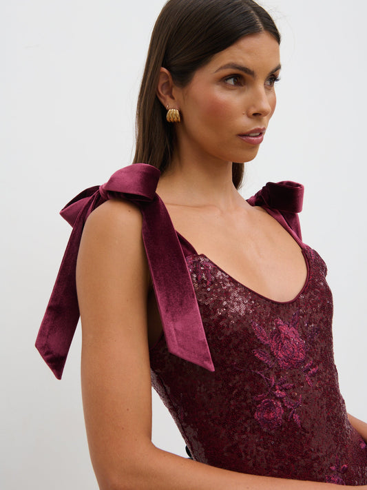 Romy Tie Sequin Midaxi Dress - Wine Floral Sequin
