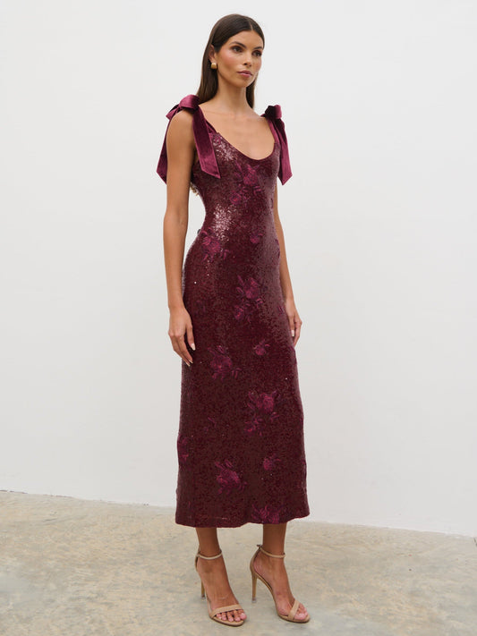 Romy Tie Sequin Midaxi Dress - Wine Floral Sequin
