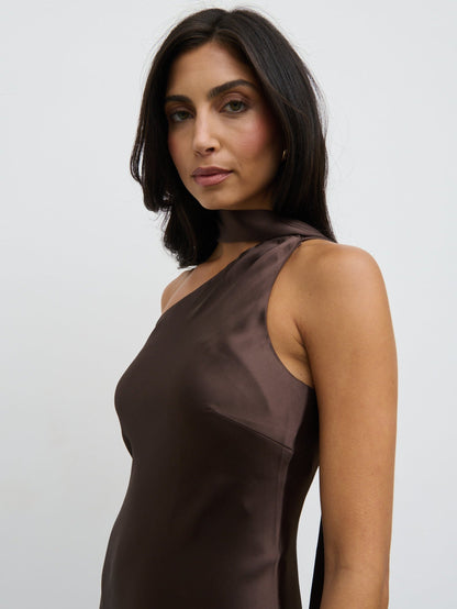 Sheree One Shoulder Sash Maxi Dress - Chocolate Brown