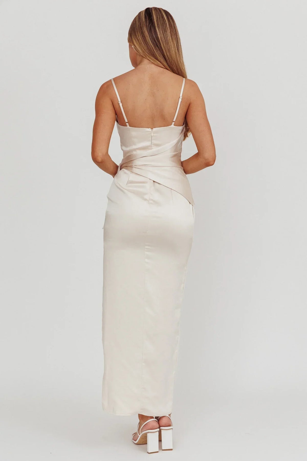 Celestine Waist Tie Satin Maxi Dress Light Champagne
