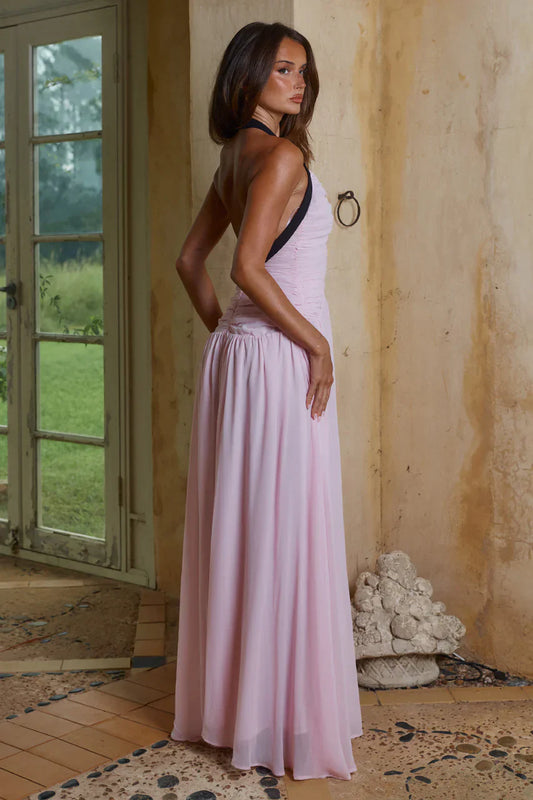 CAROLINA HALTER RUCHED MAXI DRESS - MUSK