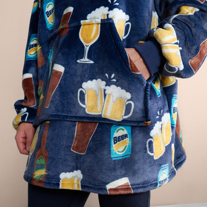 Adults Beer Pint Print Hoodie Blanket - Navy 🇬🇧