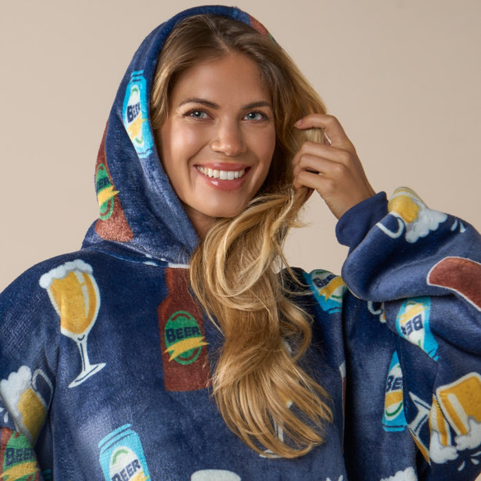 Adults Beer Pint Print Hoodie Blanket - Navy 🇬🇧