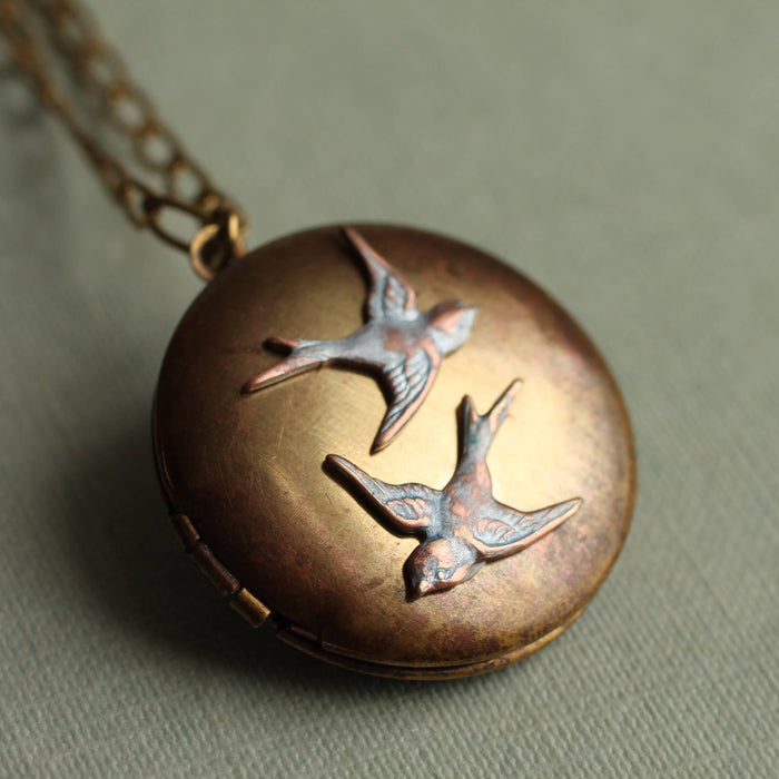 Antique Swallow Two Bird Locket Necklace