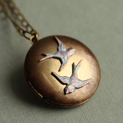 Antique Swallow Two Bird Locket Necklace