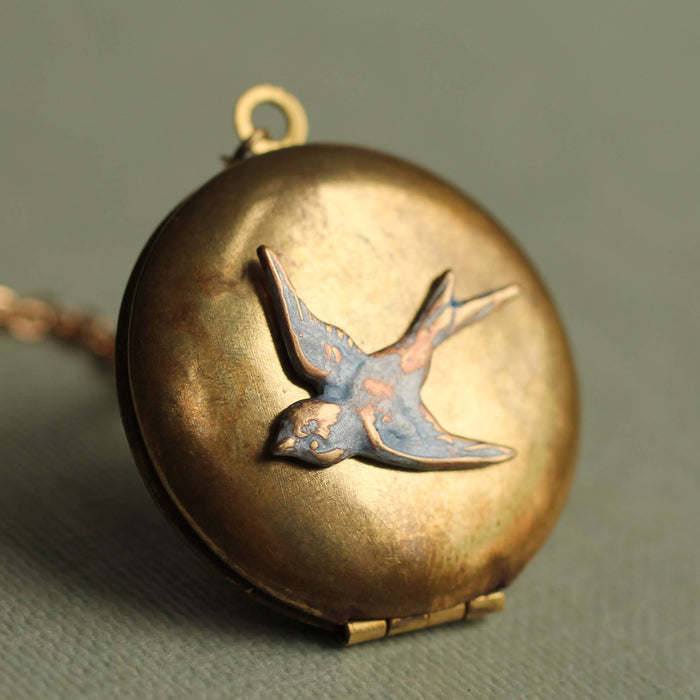 Antique Swallow Two Bird Locket Necklace