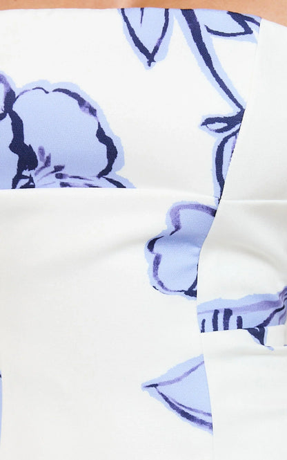 Catharine Mini Dress - Strapless A Line Dress in Blue Floral