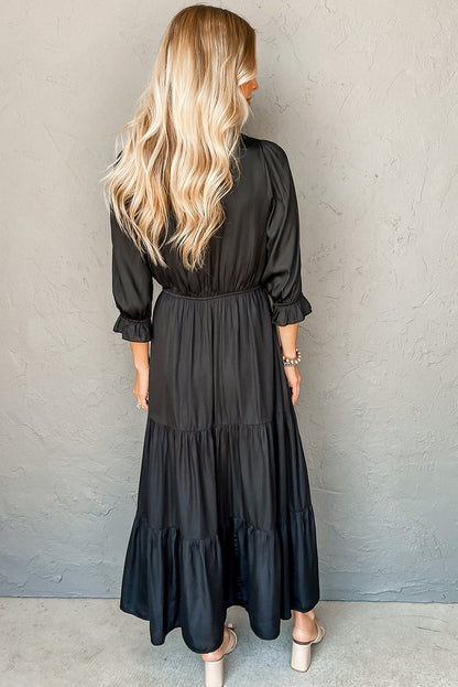 Black Flounced Bracelet Sleeve V Neck Tiered Maxi Dress 🇺🇸