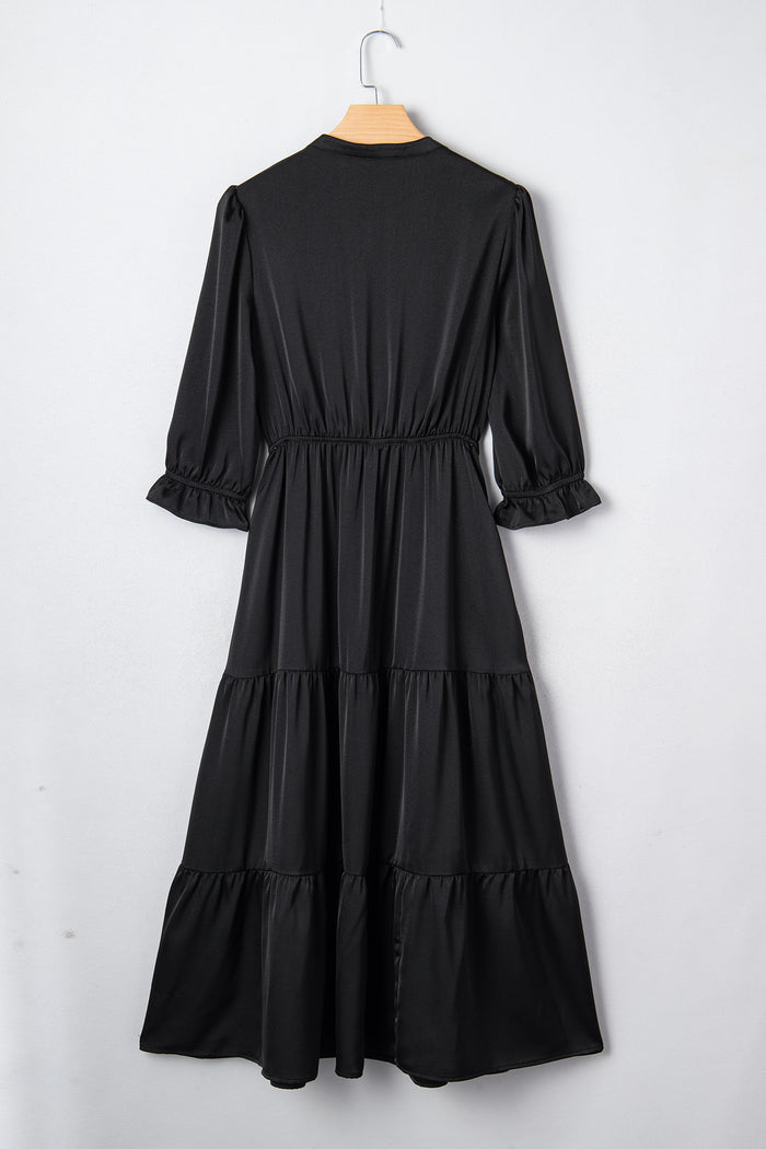 Black Flounced Bracelet Sleeve V Neck Tiered Maxi Dress 🇺🇸