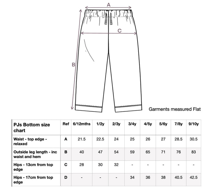 Size chart diagram for pajama bottoms with waist, leg length, and hip measurements