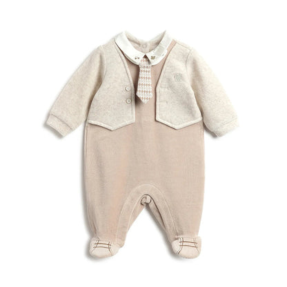 Boys Beige Solid Leg Opening Babysuit