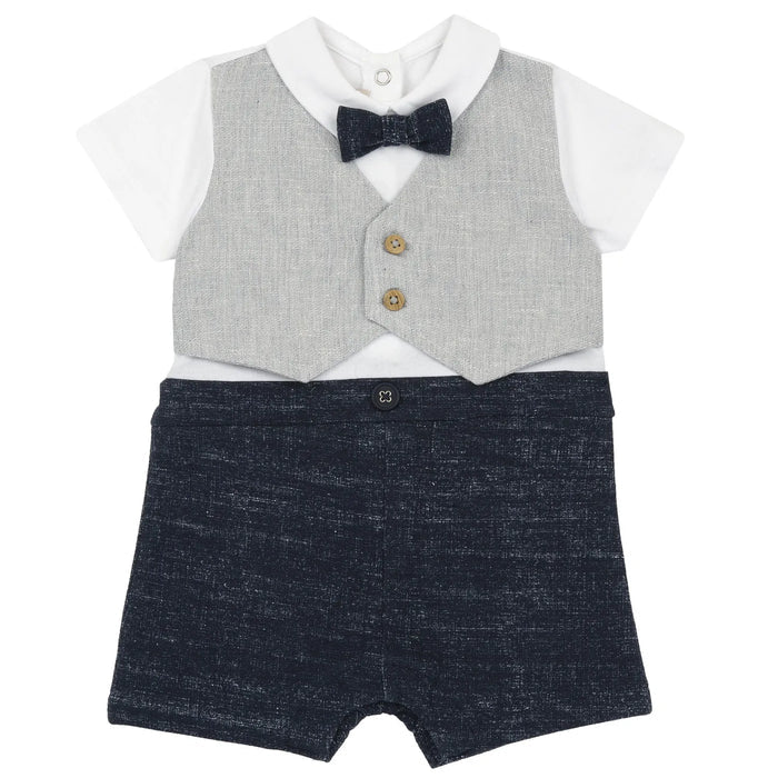 Boys White and Navy Blue Solid Romper