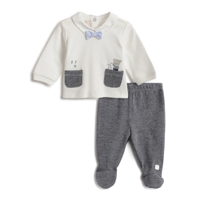 Boys White & Grey Embroidered Smock With Leggings