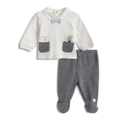Boys White & Grey Embroidered Smock With Leggings