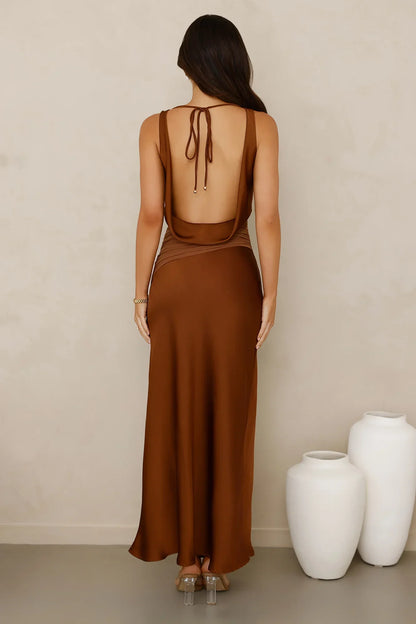 Celestial Spark Satin Maxi Dress Brown