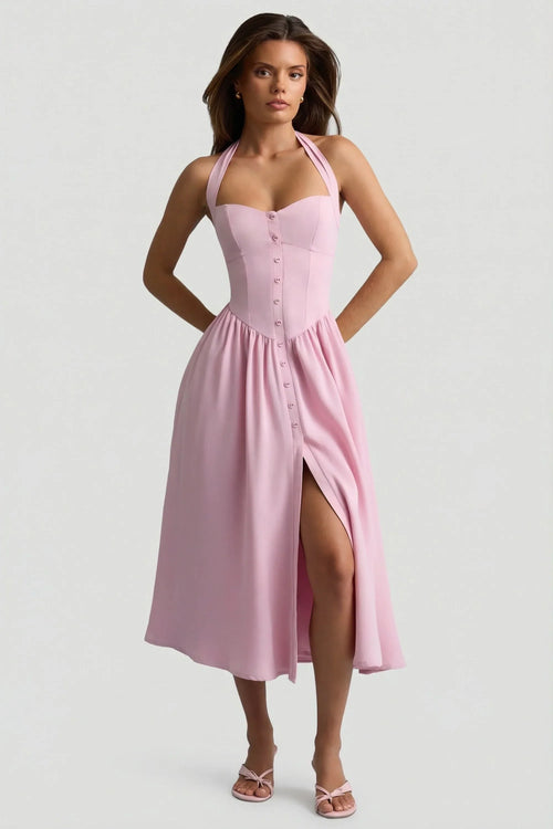 Button-Detail Halterneck Midaxi Dress in Soft Pink
