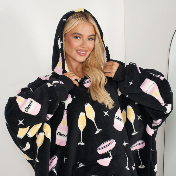 Champagne Print Hoodie Blanket, Black - Adults 🇬🇧