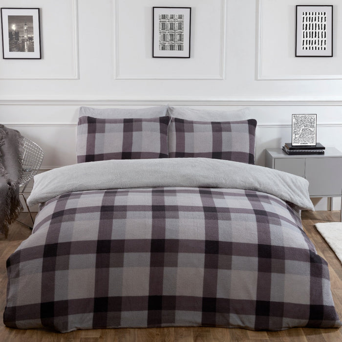 Check Teddy Fleece Duvet Cover Set - Grey 🇬🇧