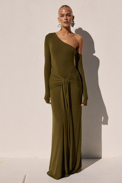 BIANCA ONE SHOULDER MAXI DRESS - ARMY GREEN