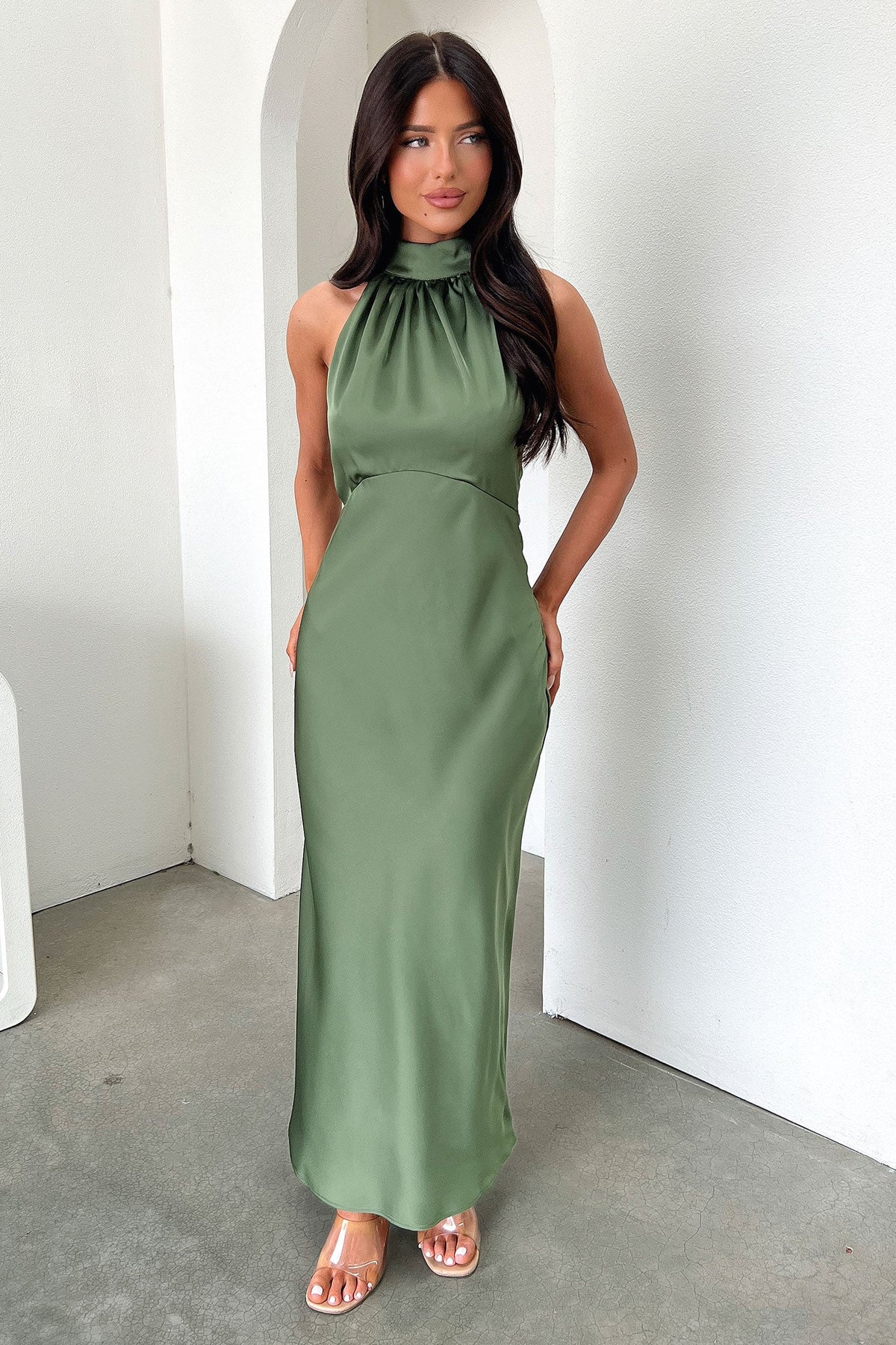 Daphne High Neck Maxi Dress - Olive