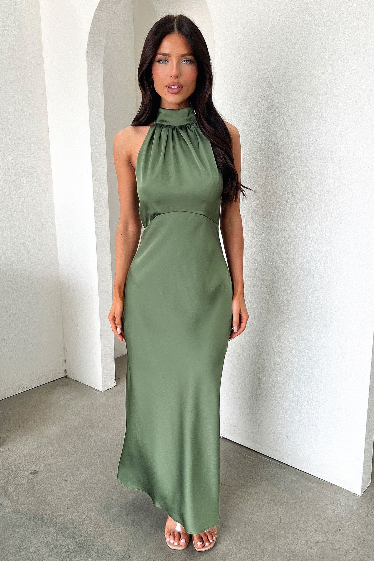 Daphne High Neck Maxi Dress - Olive