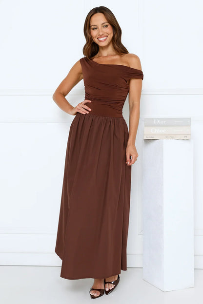 Camellia Charm Off Shoulder Maxi Dress Brown