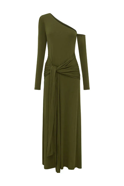 BIANCA ONE SHOULDER MAXI DRESS - ARMY GREEN