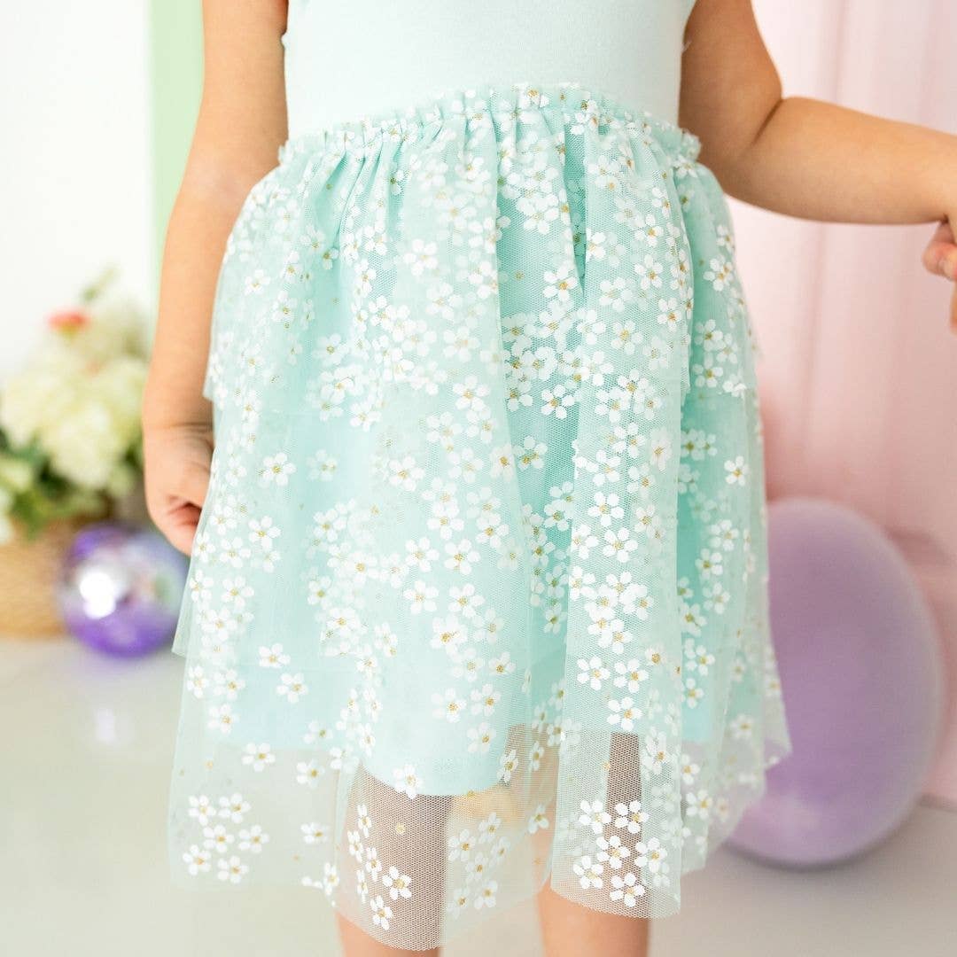 Aqua Ditsy Daisy Easter Tiered Short Sleeve Tutu Dress