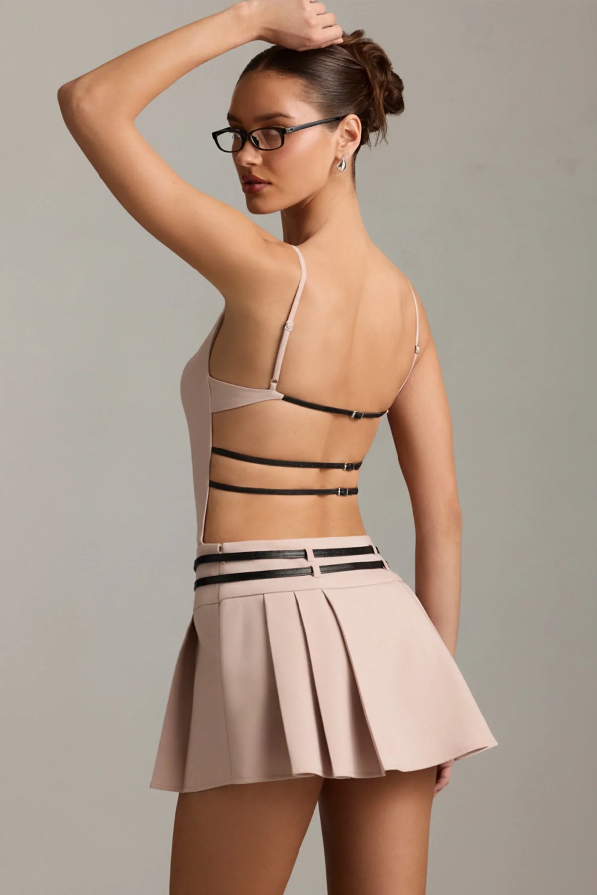 Belted Backless Pleated Mini Dress in Mushroom