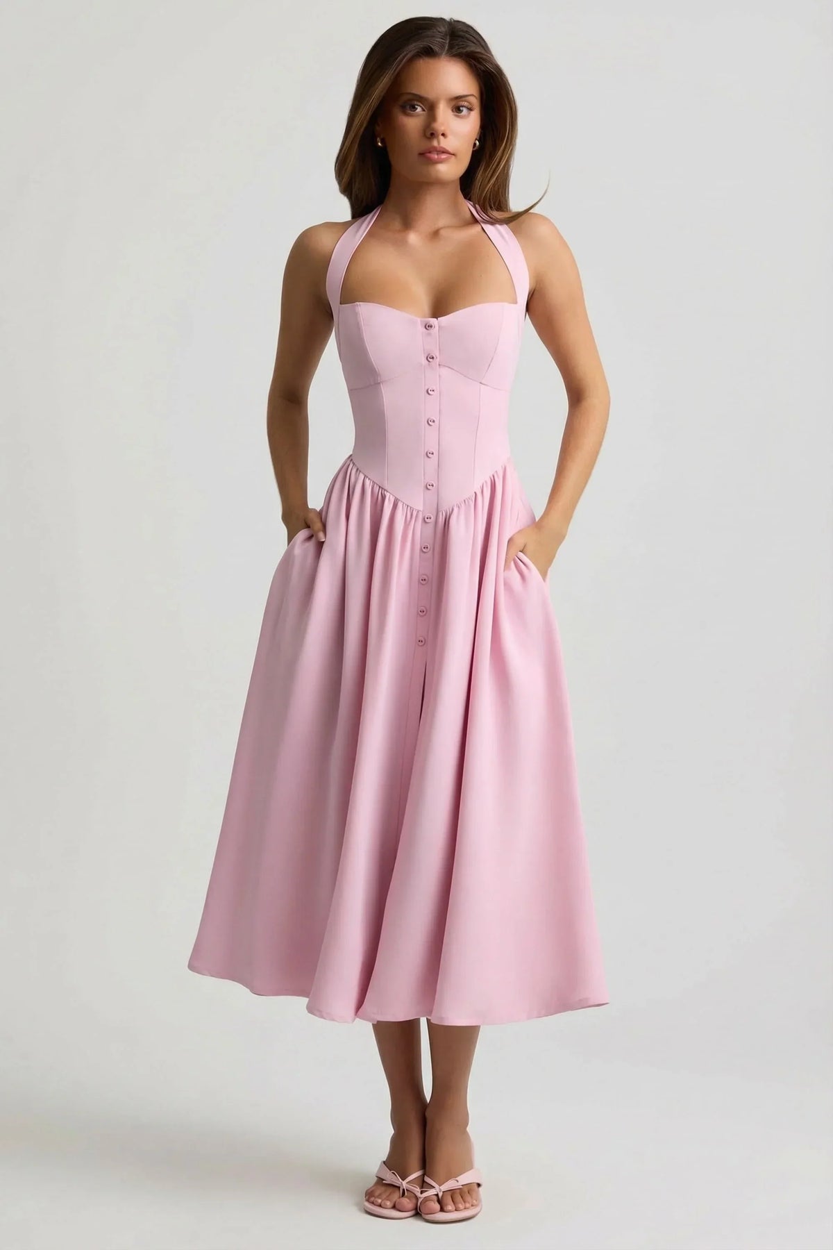 Button-Detail Halterneck Midaxi Dress in Soft Pink