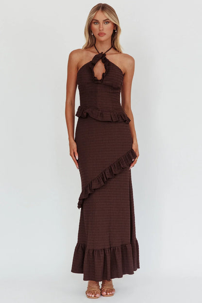 Clemence Smocked Frill Trim Maxi Dress Chocolate