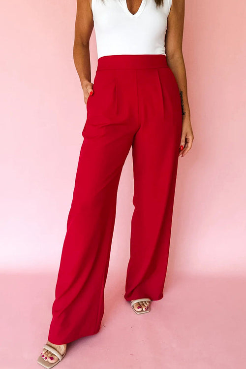 Fiery Red Pleated Detail Pull On High Elastic Waist Loose Straight Pants 🇺🇸
