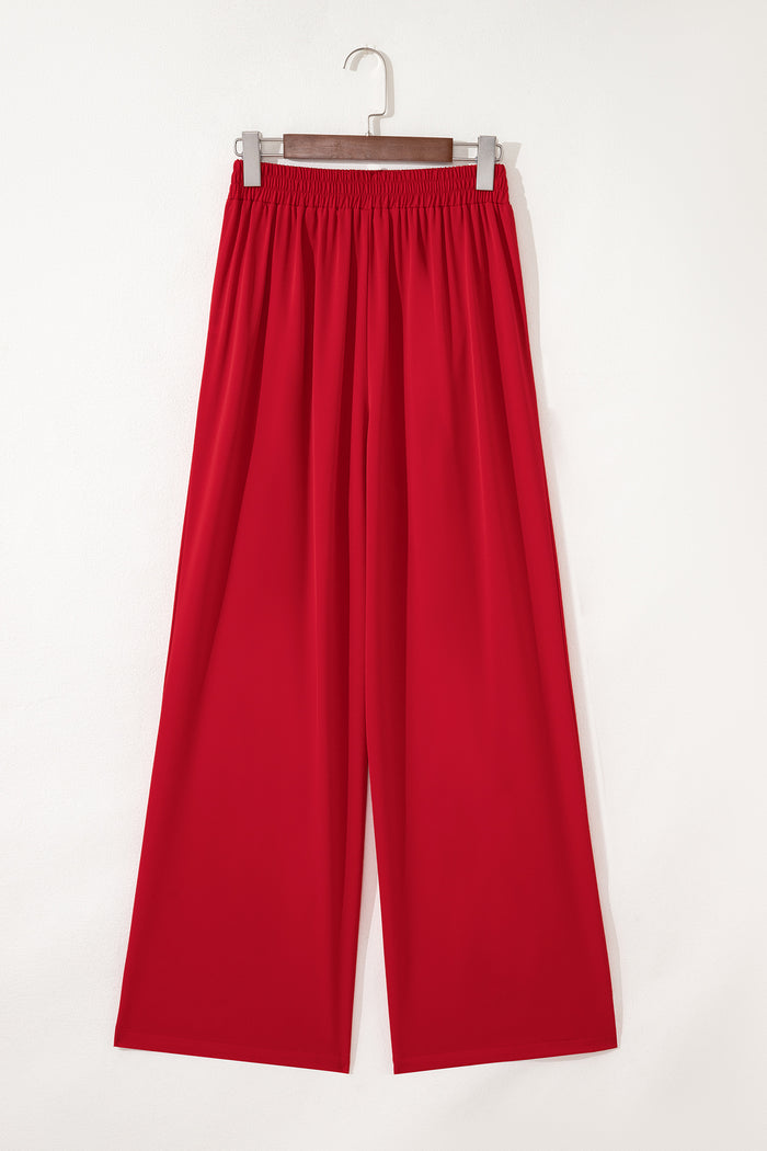 Fiery Red Pleated Detail Pull On High Elastic Waist Loose Straight Pants 🇺🇸