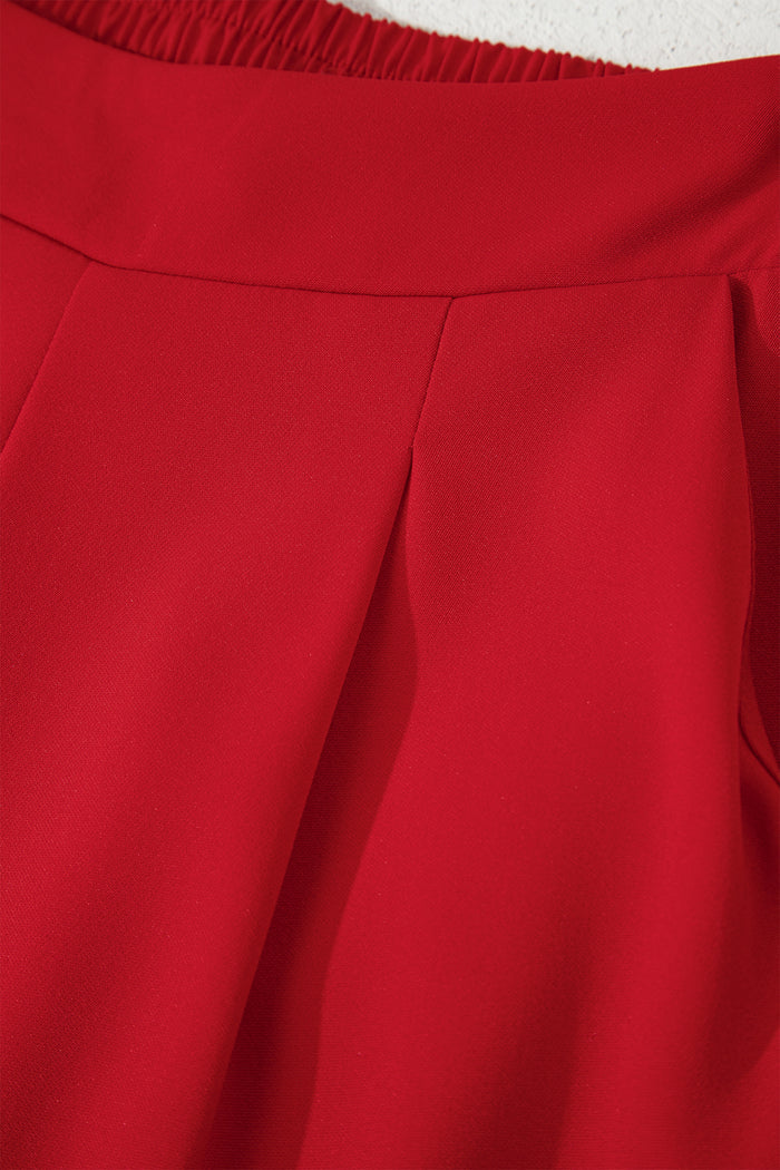 Fiery Red Pleated Detail Pull On High Elastic Waist Loose Straight Pants 🇺🇸