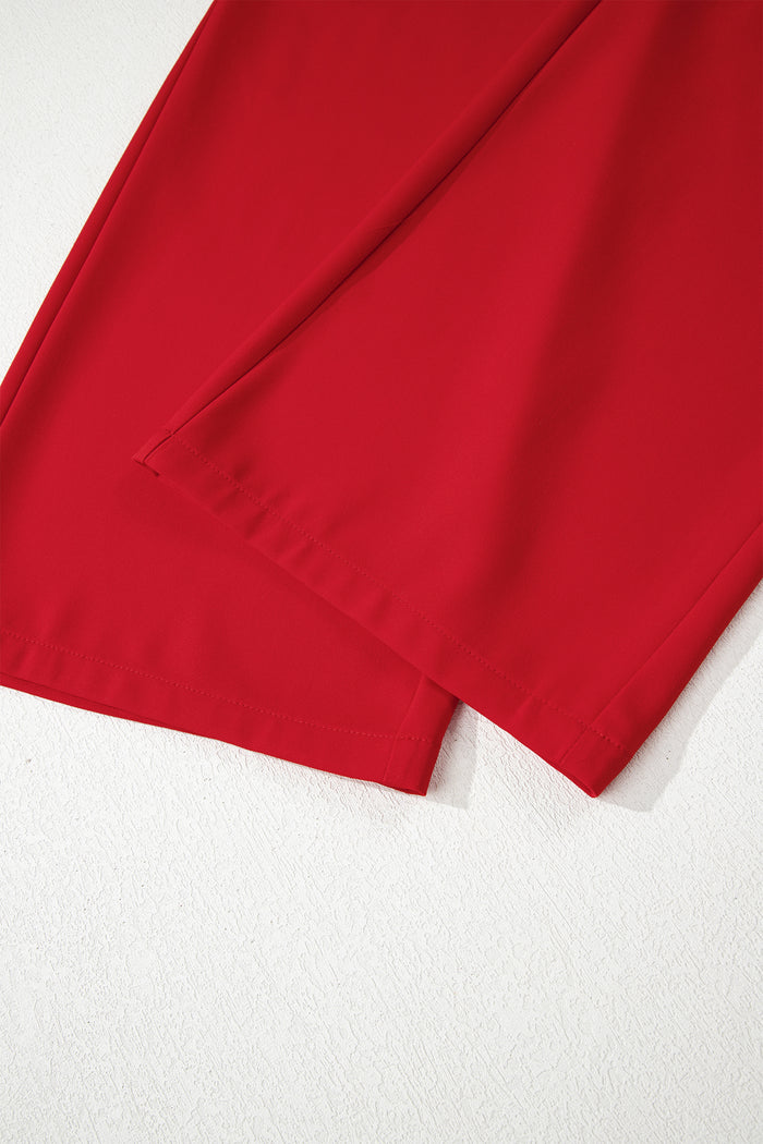 Fiery Red Pleated Detail Pull On High Elastic Waist Loose Straight Pants 🇺🇸