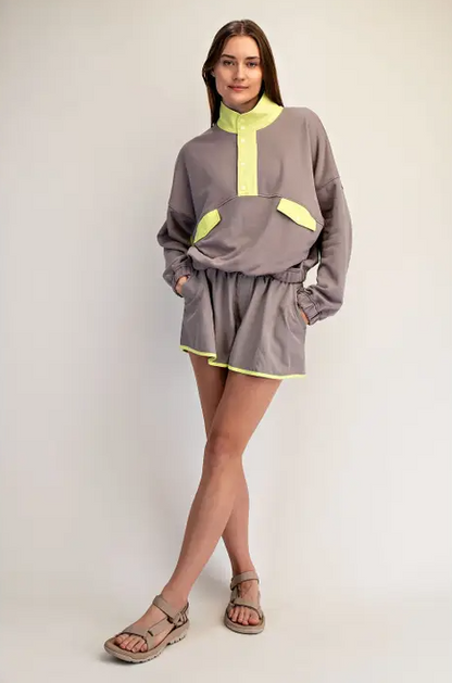French Terry Playful Stone Taupe/Lime Set Activewear in S at Wrapsody