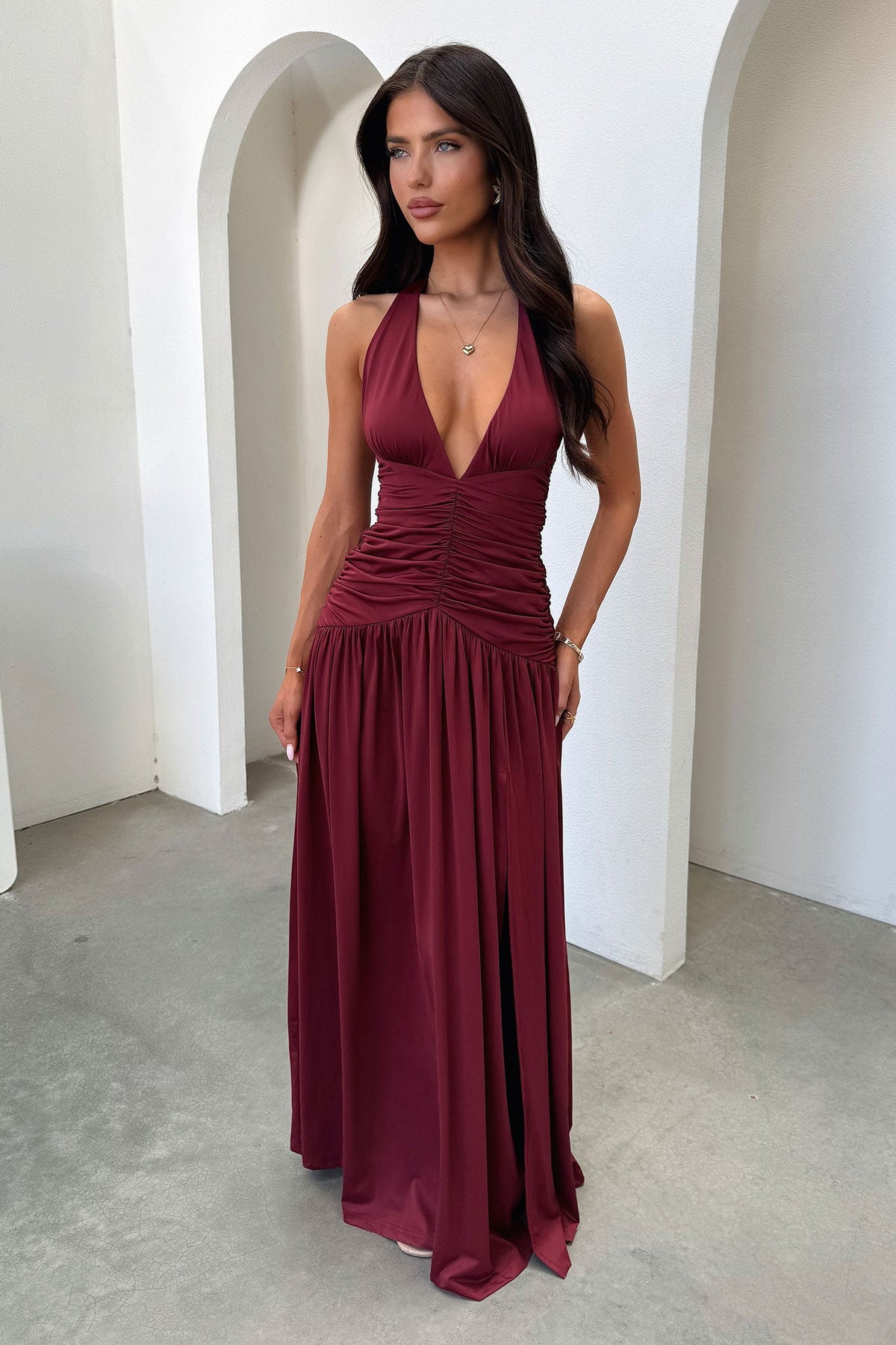 Ginevra Ruched Halter Maxi Dress - Burgundy