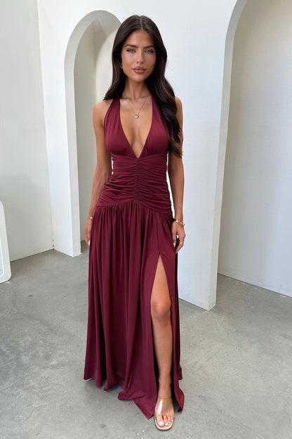 Ginevra Ruched Halter Maxi Dress - Burgundy