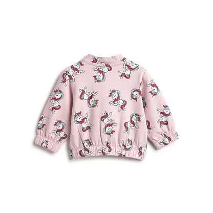 Girls Pink Printed Cardigan