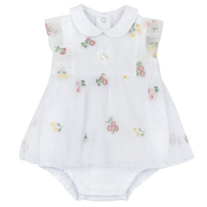 Girls White and Pink Embroidered Romper
